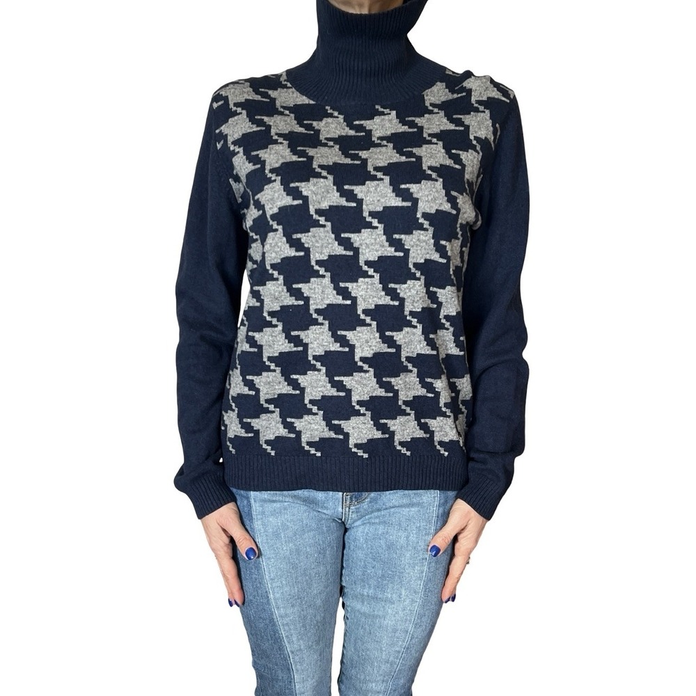 Weekend Max Mara Cotton Cashmere Pullover Sweater Turtleneck Houndstooth Blue XL